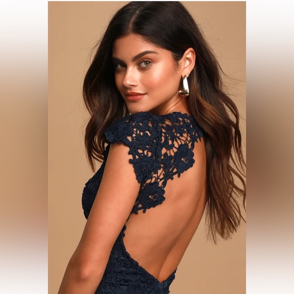 Lulu’s Romance Language Navy Blue Backless Lace Dress - Picture 2 of 8